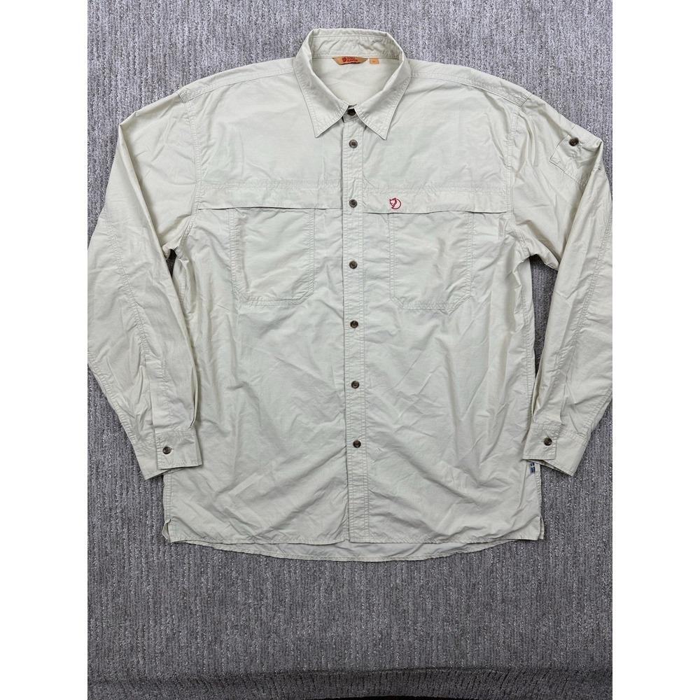 Fjallraven Alec Shirt Beige Long Sleeve Button Up Hike Shirt Mens XL Zip Pockets